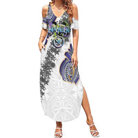 Traditional Art Hawaiian Kakau Tattoos Family Matching Summer Maxi Dress and Hawaiian Shirt Graffiti Style LT03 Mom's Dress White - Polynesian Pride