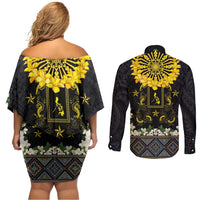 Flores de Mayo and Filipino Fiesta Couples Matching Off Shoulder Short Dress and Long Sleeve Button Shirt The Sun-Jasmine and Polynesian Yakan Tattoo Barong Style LT03 - Polynesian Pride
