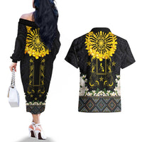 Flores de Mayo and Filipino Fiesta Couples Matching Off The Shoulder Long Sleeve Dress and Hawaiian Shirt The Sun-Jasmine and Polynesian Yakan Tattoo Barong Style