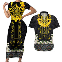Flores de Mayo and Filipino Fiesta Couples Matching Short Sleeve Bodycon Dress and Hawaiian Shirt The Sun-Jasmine and Polynesian Yakan Tattoo Barong Style