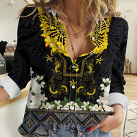 Flores de Mayo and Filipino Fiesta Women Casual Shirt The Sun-Jasmine and Polynesian Yakan Tattoo Barong Style LT03 Female Black - Polynesian Pride