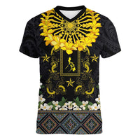 Flores de Mayo and Filipino Fiesta Women V-Neck T-Shirt The Sun-Jasmine and Polynesian Yakan Tattoo Barong Style LT03 Female Black - Polynesian Pride