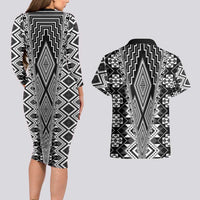 Aotearoa Tukutuku and Poutama Motif Classic Couples Matching Long Sleeve Bodycon Dress and Hawaiian Shirt