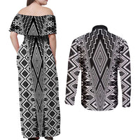 Aotearoa Tukutuku and Poutama Motif Classic Couples Matching Off Shoulder Maxi Dress and Long Sleeve Button Shirt