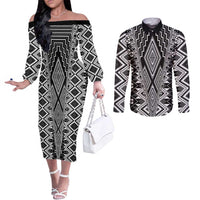 Aotearoa Tukutuku and Poutama Motif Classic Couples Matching Off The Shoulder Long Sleeve Dress and Long Sleeve Button Shirt