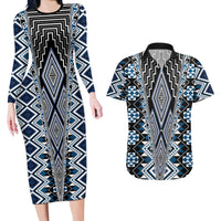 Blue Aotearoa Tukutuku and Poutama Motif Couples Matching Long Sleeve Bodycon Dress and Hawaiian Shirt