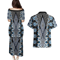 Blue Aotearoa Tukutuku and Poutama Motif Couples Matching Puletasi and Hawaiian Shirt