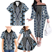 Blue Aotearoa Tukutuku and Poutama Motif Family Matching Off The Shoulder Long Sleeve Dress and Hawaiian Shirt