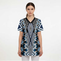 Blue Aotearoa Tukutuku and Poutama Motif Scrub Top - Polynesian Pride