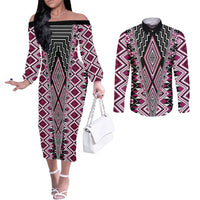 Pink Aotearoa Tukutuku and Poutama Motif Couples Matching Off The Shoulder Long Sleeve Dress and Long Sleeve Button Shirt LT03 Pink - Polynesian Pride