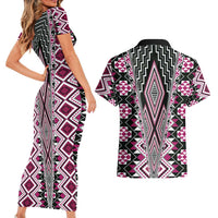 Pink Aotearoa Tukutuku and Poutama Motif Couples Matching Short Sleeve Bodycon Dress and Hawaiian Shirt