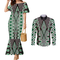 Green Aotearoa Tukutuku and Poutama Motif Couples Matching Mermaid Dress and Long Sleeve Button Shirt LT03 Green - Polynesian Pride