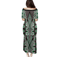 Green Aotearoa Tukutuku and Poutama Motif Family Matching Puletasi and Hawaiian Shirt