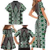 Green Aotearoa Tukutuku and Poutama Motif Family Matching Short Sleeve Bodycon Dress and Hawaiian Shirt