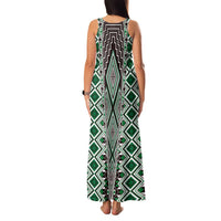 Green Aotearoa Tukutuku and Poutama Motif Family Matching Tank Maxi Dress and Hawaiian Shirt