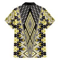 Yellow Aotearoa Tukutuku and Poutama Motif Family Matching Off The Shoulder Long Sleeve Dress and Hawaiian Shirt
