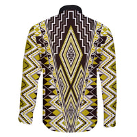 Yellow Aotearoa Tukutuku and Poutama Motif Family Matching Off The Shoulder Long Sleeve Dress and Hawaiian Shirt