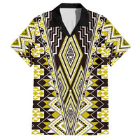 Yellow Aotearoa Tukutuku and Poutama Motif Family Matching Puletasi and Hawaiian Shirt