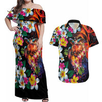 Hawaiian Lei Day Couples Matching Off Shoulder Maxi Dress and Hawaiian Shirt Colorful Plumeria and Volcanic Turtle with Abstract Lava Texture