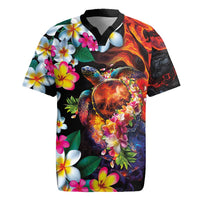 Hawaiian Lei Day Rugby Jersey Colorful Plumeria and Volcanic Turtle with Abstract Lava Texture