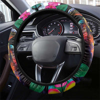 Hawaiian Lei Day Steering Wheel Cover Colorful Plumeria and Volcanic Turtle with Abstract Lava Texture