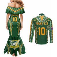 Custom Cook Islands Rugby League Couples Matching Mermaid Dress and Long Sleeve Button Shirt Tatau Tribal Pattern-Special Edition Green Color LT03 - Polynesian Pride