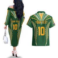 Custom Cook Islands Rugby League Couples Matching Off The Shoulder Long Sleeve Dress and Hawaiian Shirt Tatau Tribal Pattern-Special Edition Green Color LT03 - Polynesian Pride