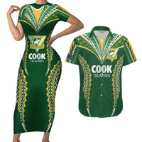 Custom Cook Islands Rugby League Couples Matching Short Sleeve Bodycon Dress and Hawaiian Shirt Tatau Tribal Pattern-Special Edition Green Color LT03 Green-Yellow - Polynesian Pride