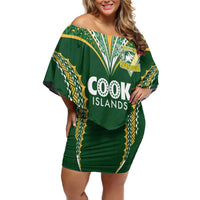 Custom Cook Islands Rugby League Family Matching Off Shoulder Short Dress and Hawaiian Shirt Tatau Tribal Pattern-Special Edition Green Color LT03 Mom's Dress Green-Yellow - Polynesian Pride
