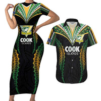 Custom Cook Islands Rugby League Couples Matching Short Sleeve Bodycon Dress and Hawaiian Shirt Tatau Tribal Pattern-Special Edition Black Color LT03 Green-Black - Polynesian Pride