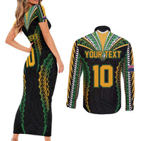 Custom Cook Islands Rugby League Couples Matching Short Sleeve Bodycon Dress and Long Sleeve Button Shirt Tatau Tribal Pattern-Special Edition Black Color LT03 - Polynesian Pride