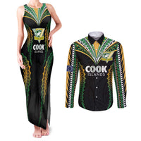 Custom Cook Islands Rugby League Couples Matching Tank Maxi Dress and Long Sleeve Button Shirt Tatau Tribal Pattern-Special Edition Black Color LT03 Green-Black - Polynesian Pride
