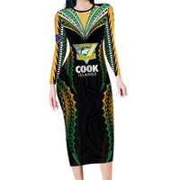 Custom Cook Islands Rugby League Family Matching Long Sleeve Bodycon Dress and Hawaiian Shirt Tatau Tribal Pattern-Special Edition Black Color LT03 Mom's Dress Green-Black - Polynesian Pride