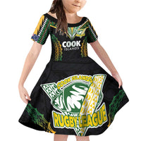 Custom Cook Islands Rugby League Family Matching Off Shoulder Short Dress and Hawaiian Shirt Tatau Tribal Pattern-Special Edition Black Color LT03 Daughter's Dress Green-Black - Polynesian Pride