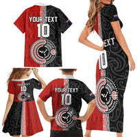 Custom Tonga and New Zealand Rugby Family Matching Short Sleeve Bodycon Dress and Hawaiian Shirt Maori Mix Ngatu Pattern