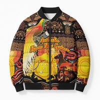 Personalized Australia and Papua New Guinea Together Bomber Puffer Jacket Kangaroo Aboriginal Art and Bird-of-paradise Oro Tribal Motifs LT03 Unisex Black - Polynesian Pride