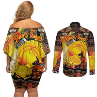 Personalized Australia and Papua New Guinea Together Couples Matching Off Shoulder Short Dress and Long Sleeve Button Shirt Kangaroo Aboriginal Art and Bird-of-paradise Oro Tribal Motifs LT03 - Polynesian Pride