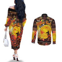 Personalized Australia and Papua New Guinea Together Couples Matching Off The Shoulder Long Sleeve Dress and Long Sleeve Button Shirt Kangaroo Aboriginal Art and Bird-of-paradise Oro Tribal Motifs LT03 - Polynesian Pride