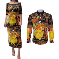 Personalized Australia and Papua New Guinea Together Couples Matching Puletasi and Long Sleeve Button Shirt Kangaroo Aboriginal Art and Bird-of-paradise Oro Tribal Motifs LT03 Black - Polynesian Pride