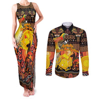 Personalized Australia and Papua New Guinea Together Couples Matching Tank Maxi Dress and Long Sleeve Button Shirt Kangaroo Aboriginal Art and Bird-of-paradise Oro Tribal Motifs LT03 Black - Polynesian Pride