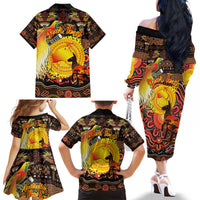 Personalized Australia and Papua New Guinea Together Family Matching Off The Shoulder Long Sleeve Dress and Hawaiian Shirt Kangaroo Aboriginal Art and Bird-of-paradise Oro Tribal Motifs - Polynesian Pride