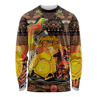 Personalized Australia and Papua New Guinea Together Long Sleeve Shirt Kangaroo Aboriginal Art and Bird-of-paradise Oro Tribal Motifs LT03 Unisex Black - Polynesian Pride