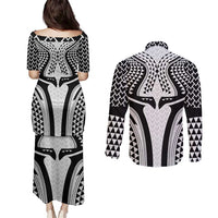 Hawaiian Kakau Art Tattoos Aquaman Style Couples Matching Puletasi and Long Sleeve Button Shirt White Version - Polynesian Pride