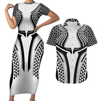 Hawaiian Kakau Art Tattoos Aquaman Style Couples Matching Short Sleeve Bodycon Dress and Hawaiian Shirt White Version LT03 White - Polynesian Pride
