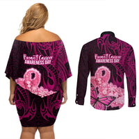 Polynesia Breast Cancer Couples Matching Off Shoulder Short Dress and Long Sleeve Button Shirts Butterfly and Flowers Ribbon Maori Tattoo Ethnic Black Style LT03 - Polynesian Pride