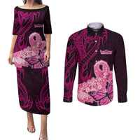 Polynesia Breast Cancer Couples Matching Puletasi Dress and Long Sleeve Button Shirts Butterfly and Flowers Ribbon Maori Tattoo Ethnic Black Style LT03 Black - Polynesian Pride