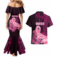 Custom Polynesia Breast Cancer Couples Matching Mermaid Dress and Hawaiian Shirt Butterfly and Flowers Ribbon Maori Tattoo Ethnic Black Style LT03 - Polynesian Pride