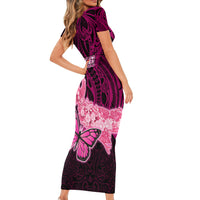 Custom Polynesia Breast Cancer Short Sleeve Bodycon Dress Butterfly and Flowers Ribbon Maori Tattoo Ethnic Black Style LT03 - Polynesian Pride