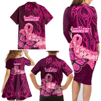 Polynesia Breast Cancer Family Matching Long Sleeve Bodycon Dress and Hawaiian Shirt Butterfly and Flowers Ribbon Maori Tattoo Ethnic Pink Style LT03 - Polynesian Pride