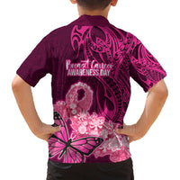 Polynesia Breast Cancer Family Matching Off Shoulder Short Dress and Hawaiian Shirt Butterfly and Flowers Ribbon Maori Tattoo Ethnic Pink Style LT03 - Polynesian Pride
